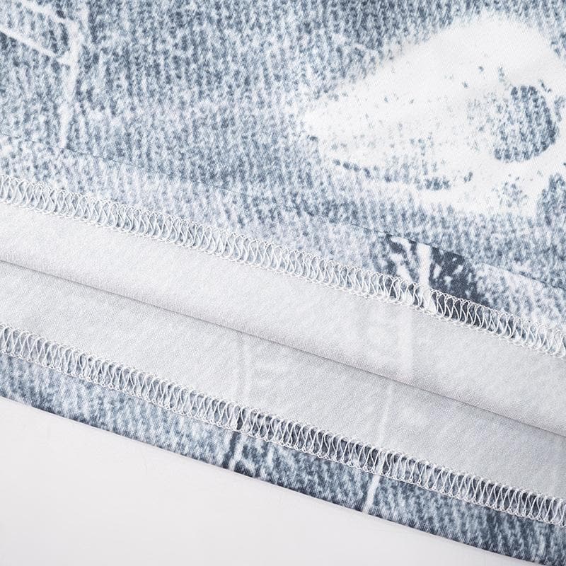 Cap sleeve crewneck denim print maxi dress