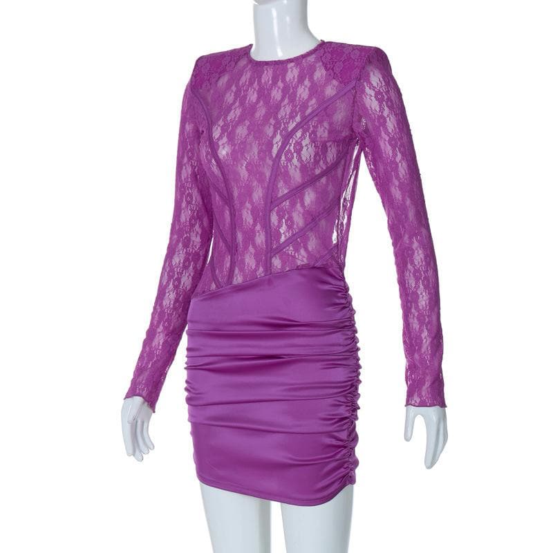 Lace see through satin ruched hollow out long sleeve cut out mini dress