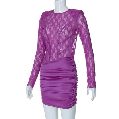 Lace see through satin ruched hollow out long sleeve cut out mini dress