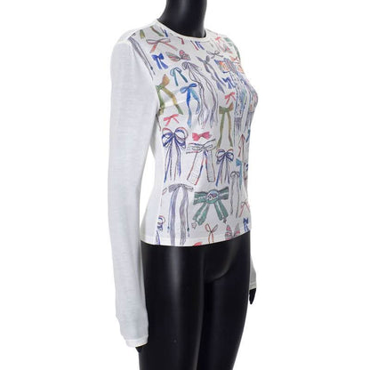 Crewneck long sleeve bowknot print contrast top