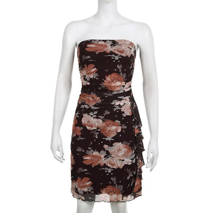 Mesh flower print contrast ruched ruffle backless tube mini dress