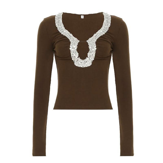 Long sleeve glitter hollow out cut out top