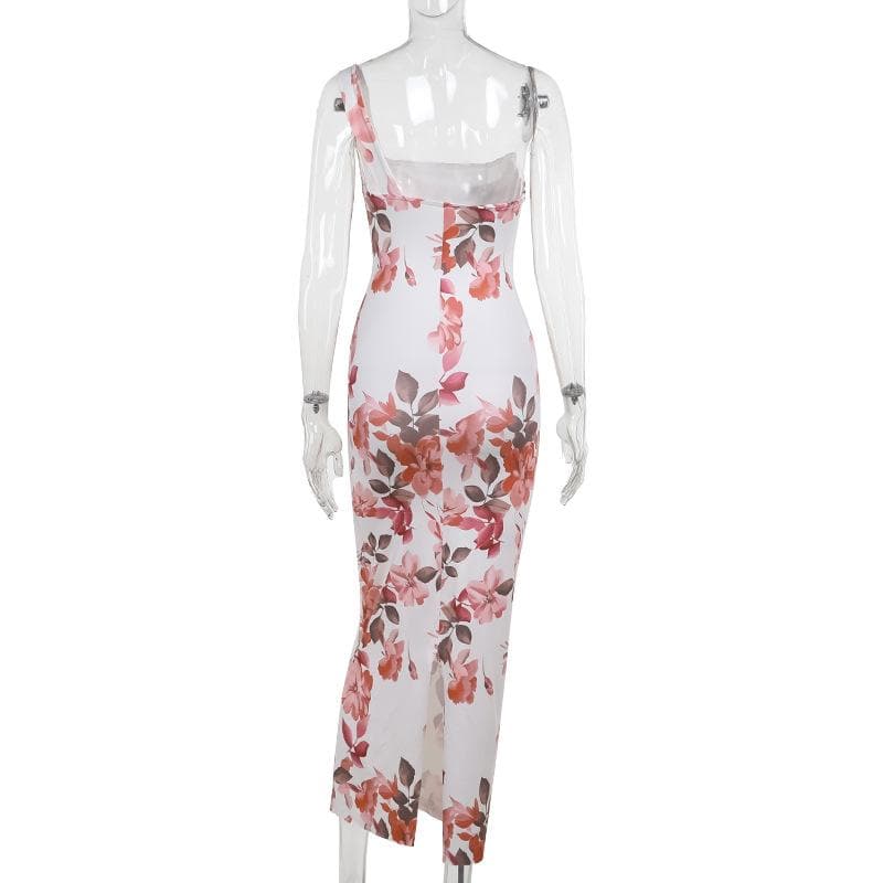 One shoulder ruched flower print maxi dress