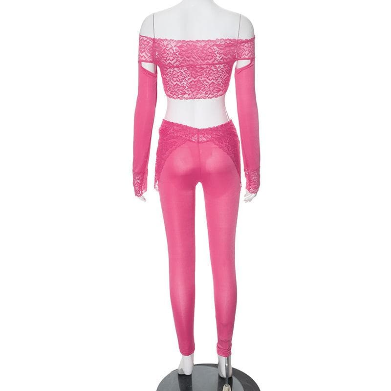 Long sleeve off shoulder see through lace pant set