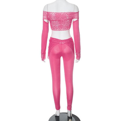 Long sleeve off shoulder see through lace pant set
