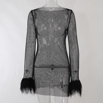 Long sleeve solid see through sheer mesh fluffy round neck mini dress