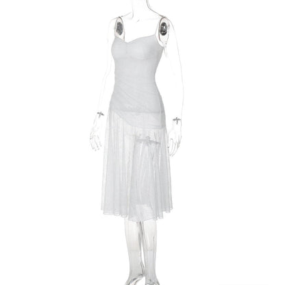 Lace ruched see through cami midi dress