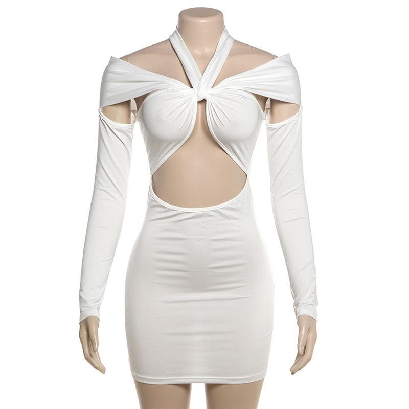 Long sleeve halter hollow out solid cut out mini dress