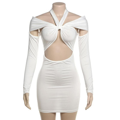 Long sleeve halter hollow out solid cut out mini dress