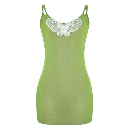 U neck butterfly embroidery sheer mesh cami mini dress