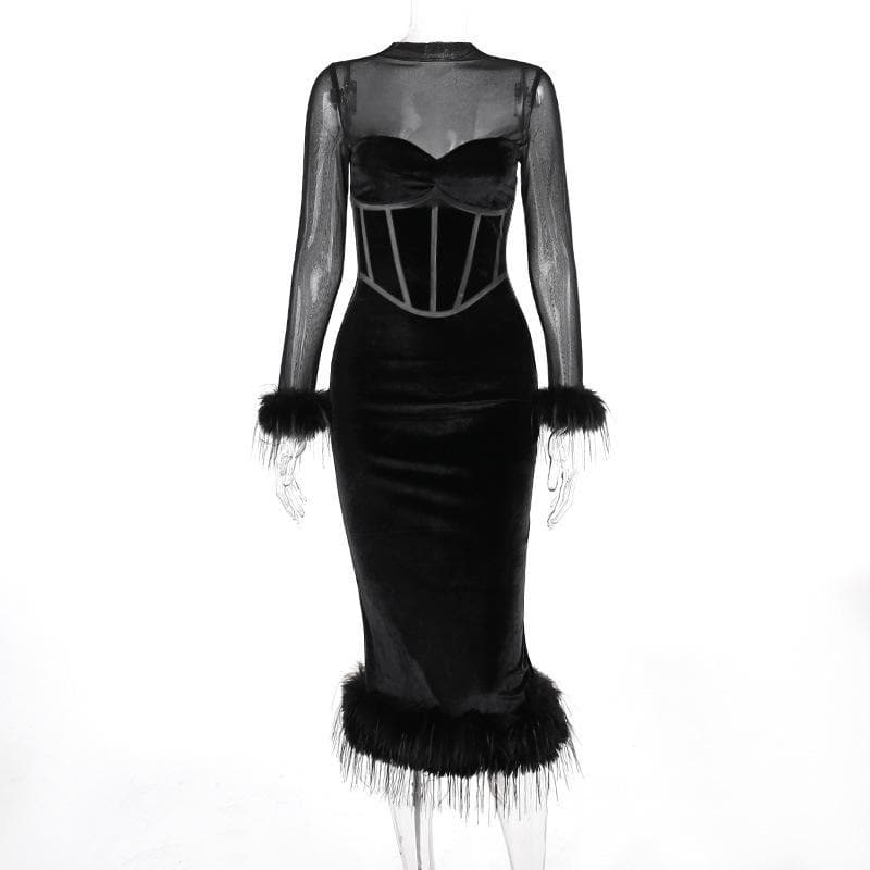 Mesh High Neck Velvet Corset Feather Trim Midi Dress