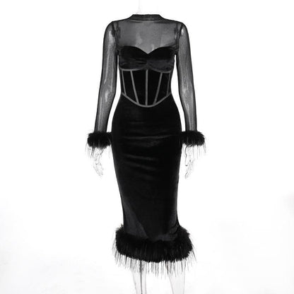 Mesh High Neck Velvet Corset Feather Trim Midi Dress