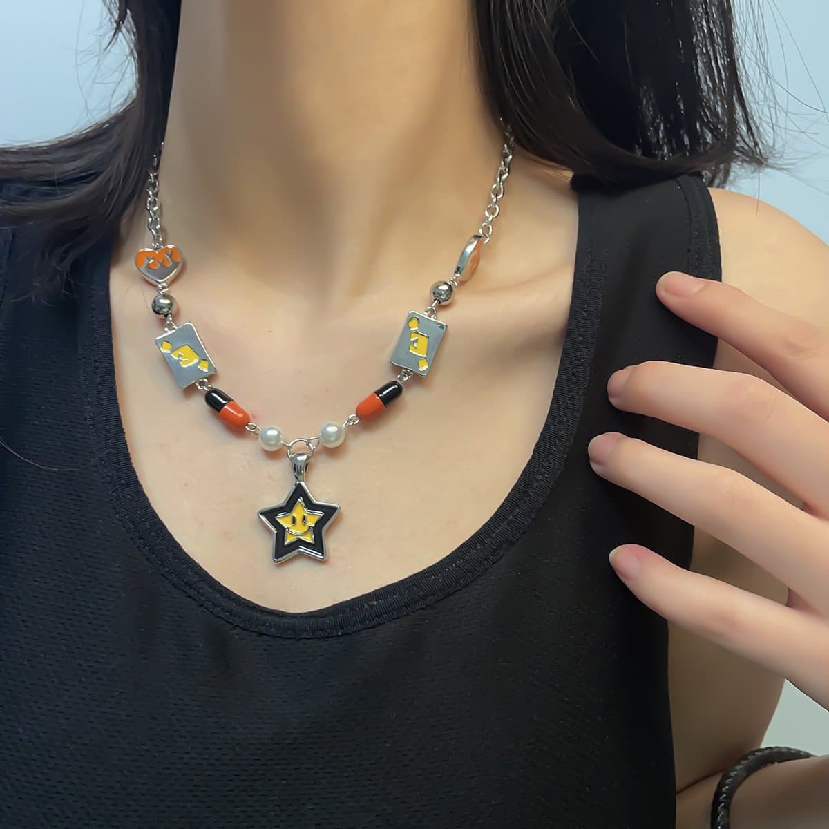 Star pendant chain faux pearl necklace