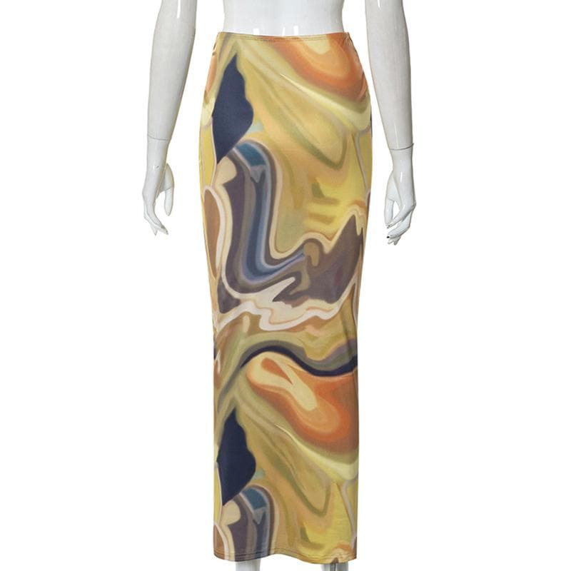Contrast ruched abstract print midi skirt
