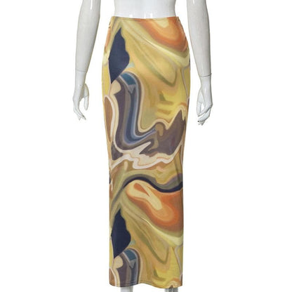 Contrast ruched abstract print midi skirt
