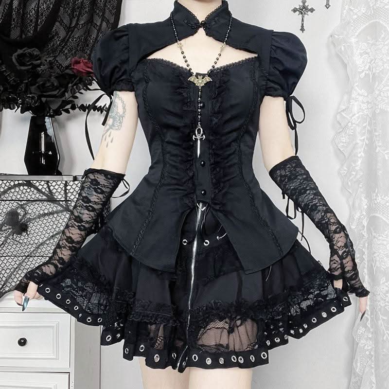 Hollow out button self tie lace hem ruched puff sleeve cut out top