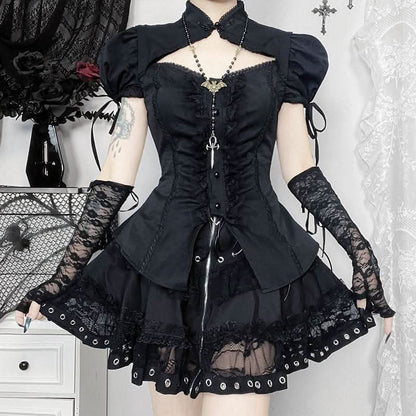 Hollow out button self tie lace hem ruched puff sleeve cut out top
