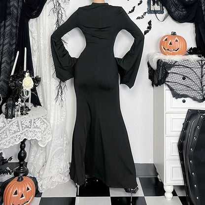 Long flared sleeve hollow out crewneck cut out maxi dress