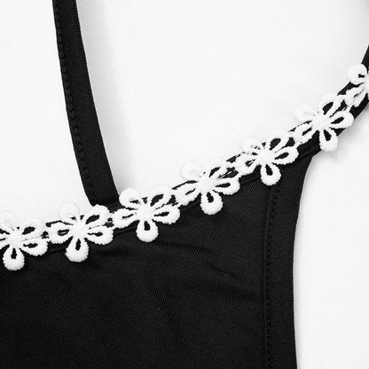 Bowknot ribbon lace hem u neck cross back backless cami mini dress