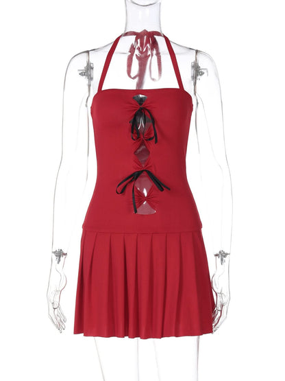 Halter bowknot ruched hollow out cut out mini dress