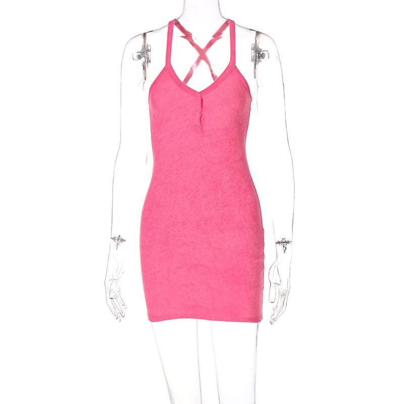 Deep V Cross Back Button Front Textured Mini Dress