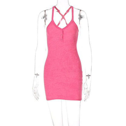 Deep V Cross Back Button Front Textured Mini Dress