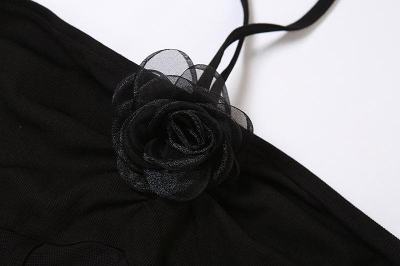 Flower applique halter mesh patchwork backless mini dress