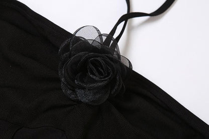 Flower applique halter mesh patchwork backless mini dress