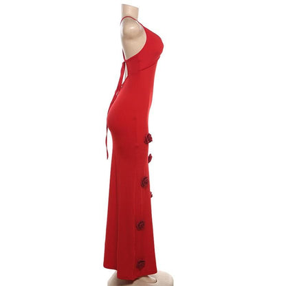 V neck flower applique cross back cami maxi dress