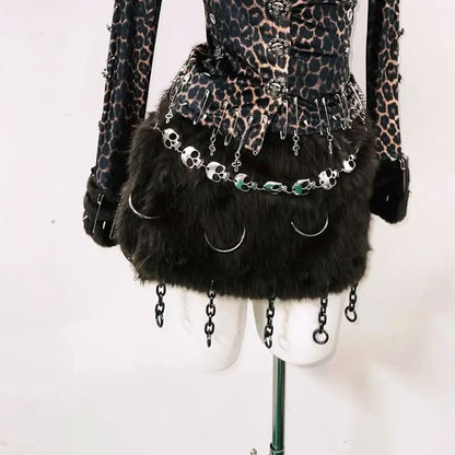 Leopard print long sleeve fluffy skull applique mini skirt set