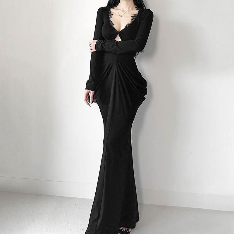 Long sleeve v neck lace hem ruched maxi dress