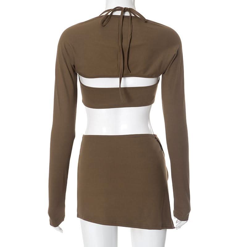 Long sleeve slit bowknot halter shrug mini skirt set