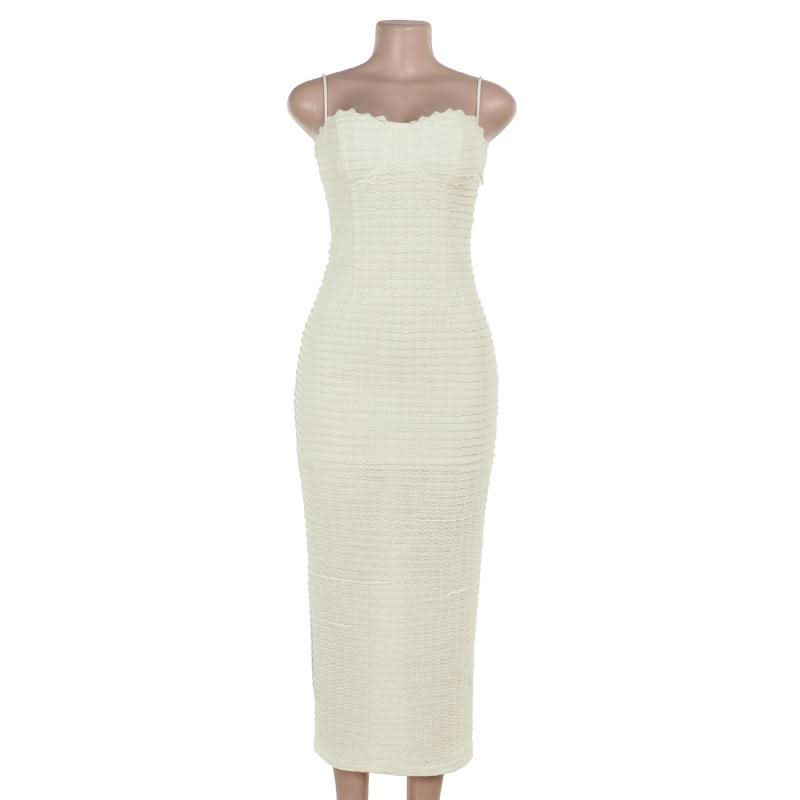 Lace up slit textured spaghetti strap lace hem maxi dress