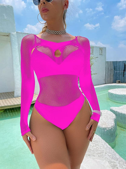 Long sleeve hollow out cross front net bodysuit
