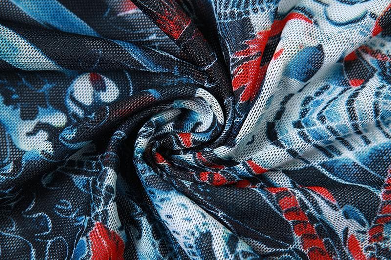 Long sleeve striped dragon print sheer mesh pant set