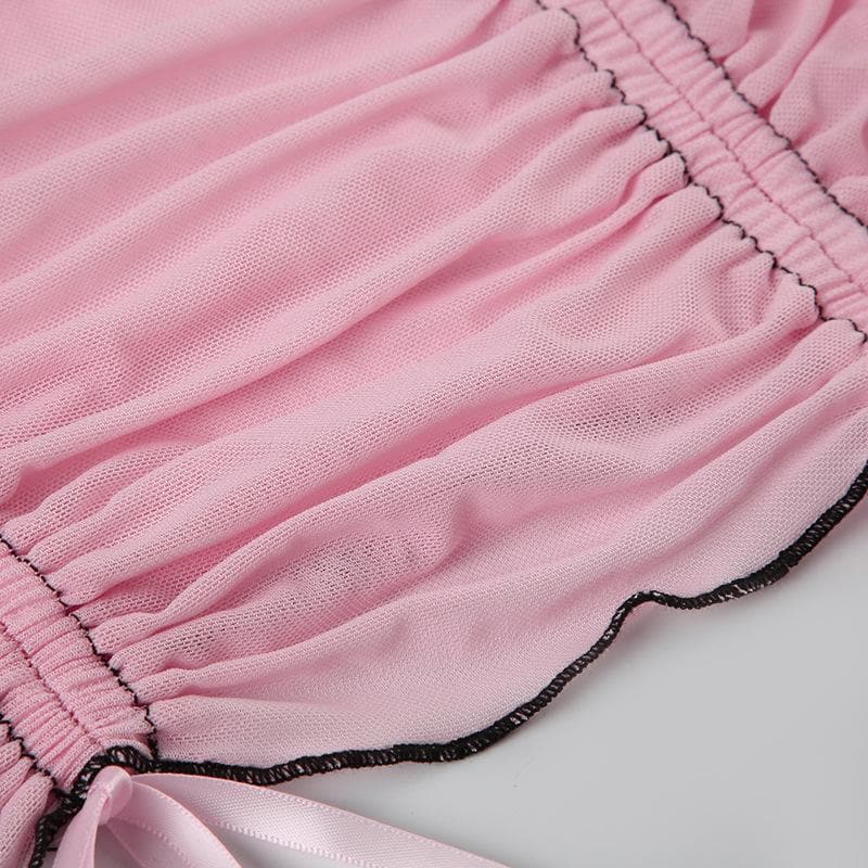Sheer mesh ruffle drawstring cami top