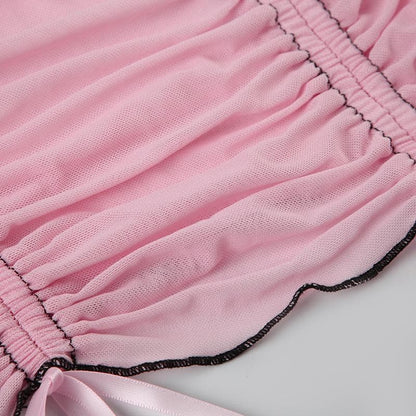 Sheer mesh ruffle drawstring cami top