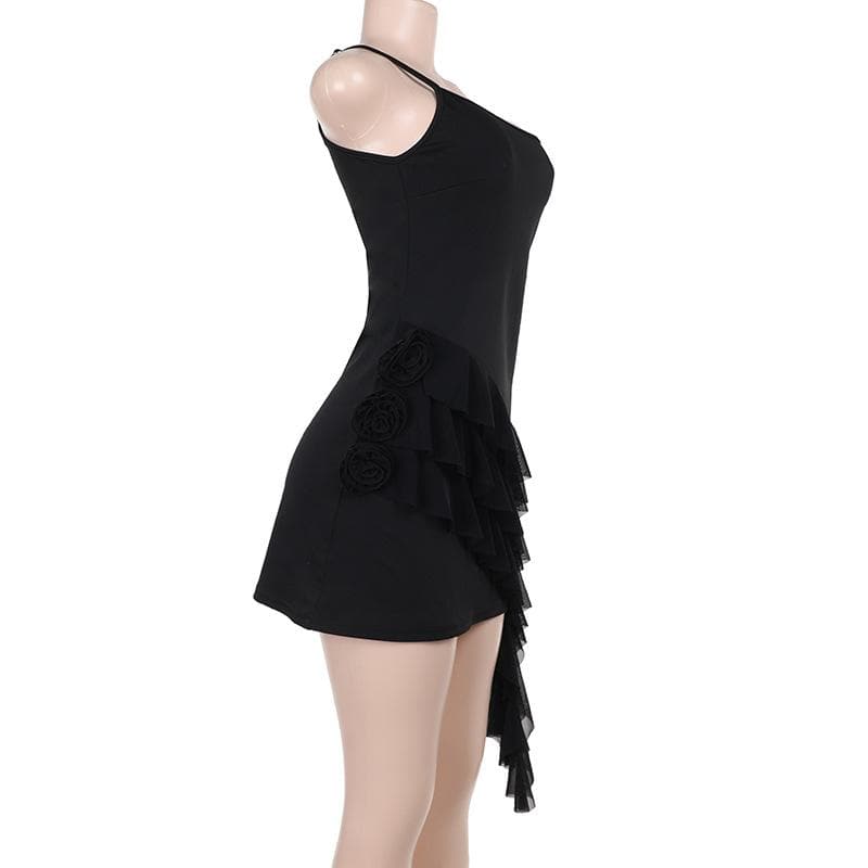 One shoulder ruffle flower applique mini dress