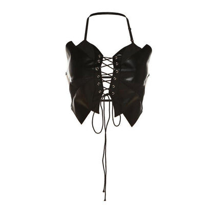 Solid PU leather hollow out halter lace up backless crop cut out top