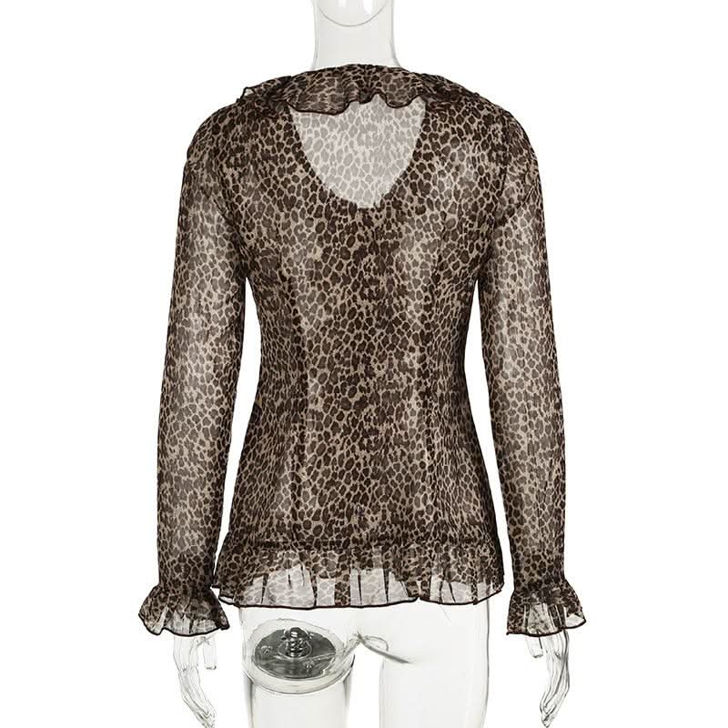 Leopard print long sleeve chiffon ruffle button top