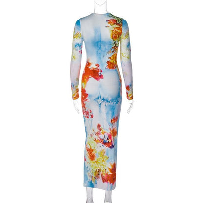 Long sleeve crewneck flower print contrast maxi dress