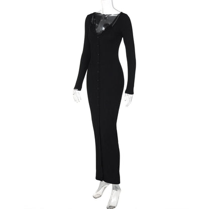 Long sleeve lace hem button maxi dress