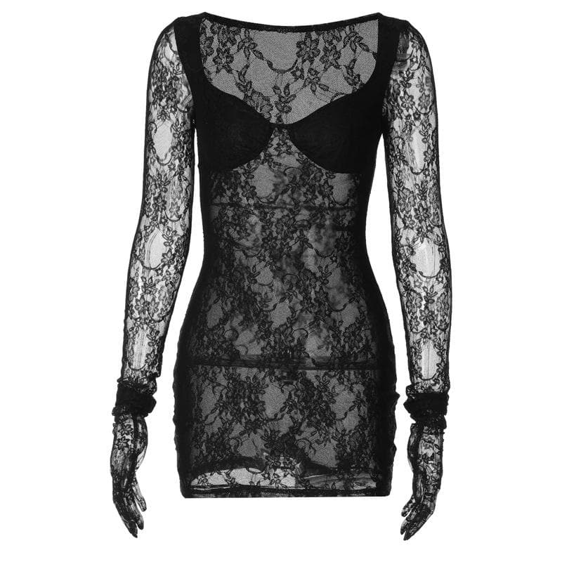 Floral Lace Glove Sleeve Opaque Bustier Sweetheart Neck Bodycon Mini Dress
