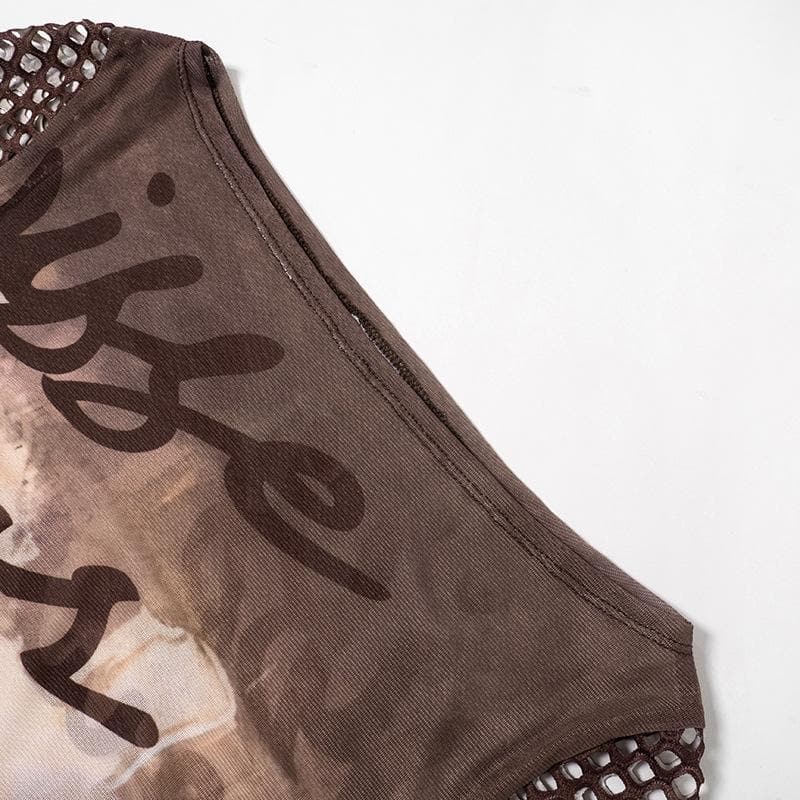 Fishnet long sleeve hollow out mesh contrast cut out top