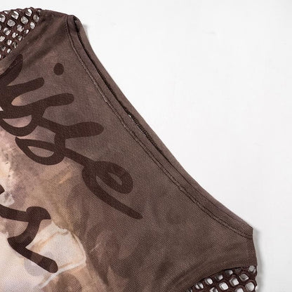 Fishnet long sleeve hollow out mesh contrast cut out top