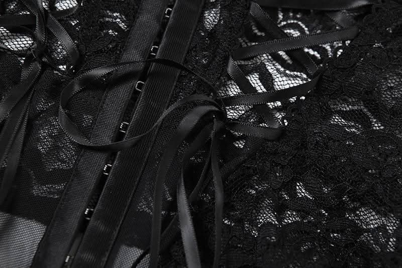 Lace hollow out lace up button tube cut out top