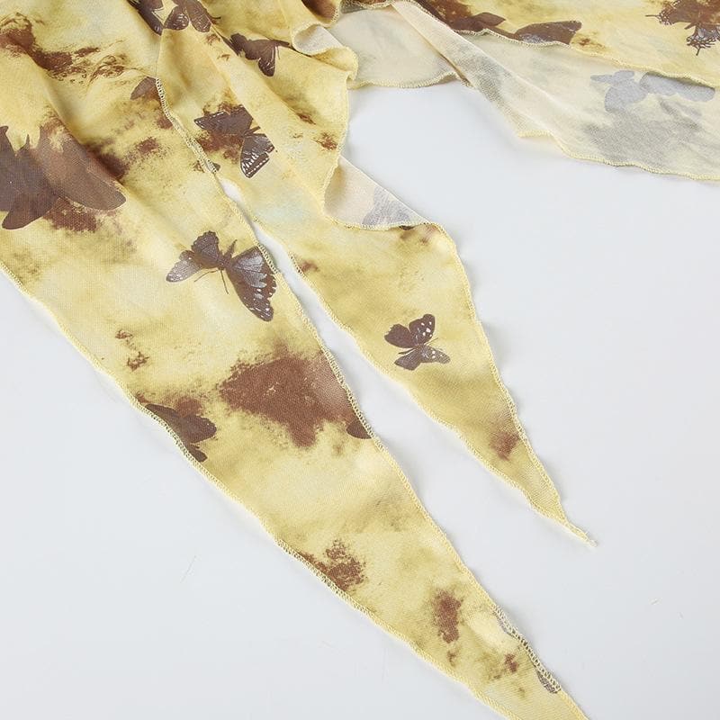 Halter butterfly print ruffle irregular midi dress