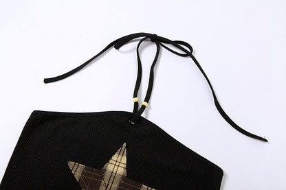 Halter contrast star pattern self tie backless crop top