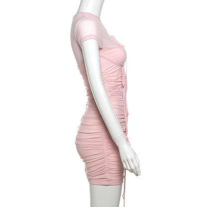 Short sleeve one shoulder mesh ruched patchwork mini dress