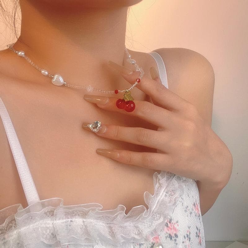 Cherry pendant beaded necklace